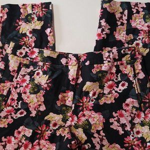 Adrianna Papell Black & Pink Floral Cotton Cropped Pants SZ 6